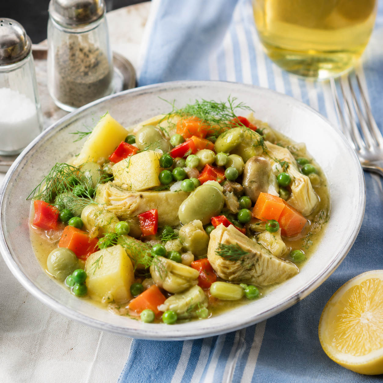 Broad Beans, Peas, Carrots & Artichokes in Avgolemono Sauce