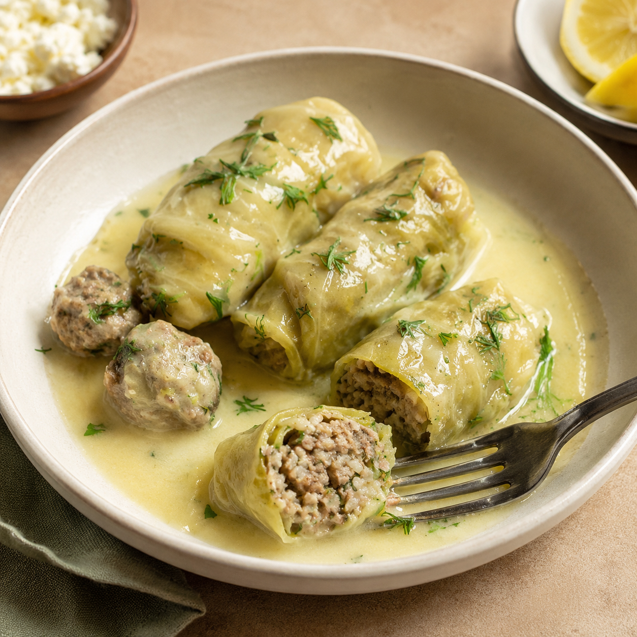 Cabbage Dolmades with Egg-Lemon Sauce